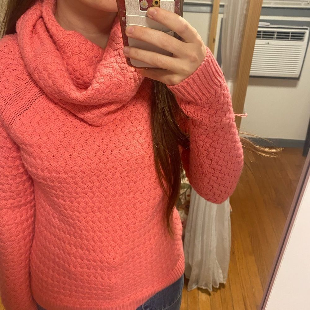 New York & Company Coral Cowl Neck Sweater Hot Pink Knit Turtleneck Winter